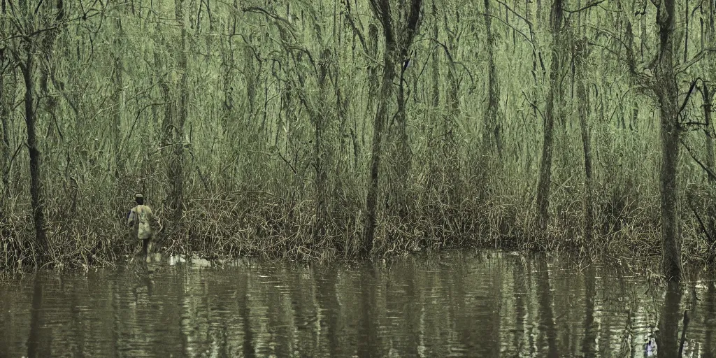 Image similar to A monster walking alongside a channel of water in a dense swamp, Kodachrome color film, grainy, film grain