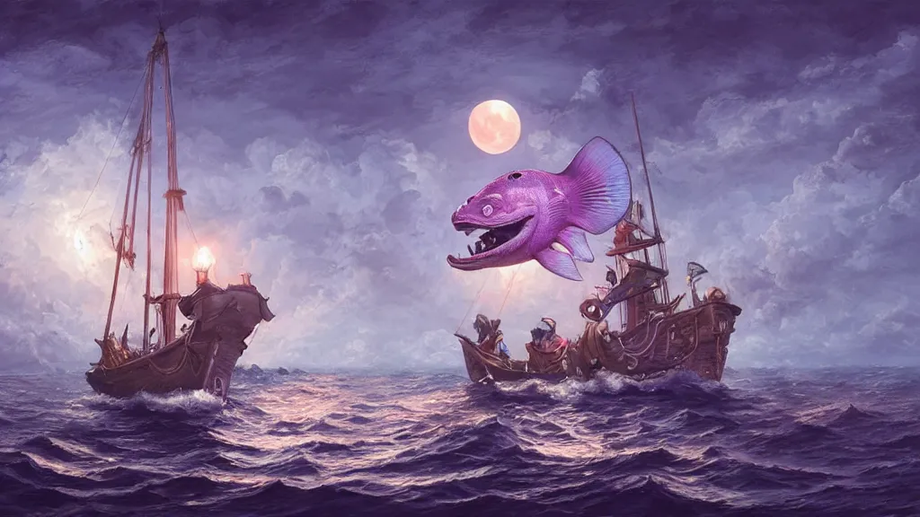 Prompt: a large!! surfacing anglerfish!!!! meets a lantern - holding!!!! sailor!!!! on a ( sloop ), ( background with large full moon and purple sky ), in the styles of greg rutkowski, jorge jacinto, and thomas veyrat intricate, accurate details