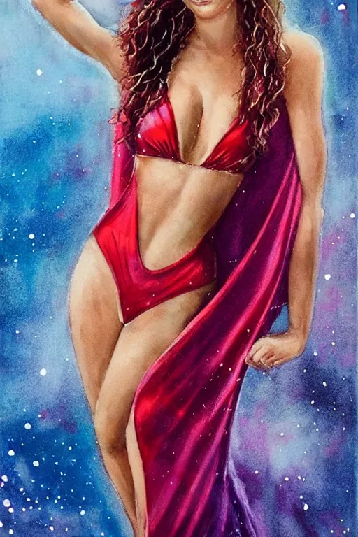 Prompt: beautiful elegant full body portrait of lexi rivera with color streaks in hair and wearing a sparkling cherry color one piece swimsuit and iridescent white silk cape, nina agdal, wlop, artgerm, artstation, backlit, water, reflective, watercolor