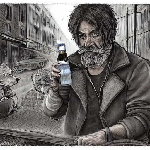 Image similar to fotoportrait of hobo artist drawing furries for booze on the dirty street. symmetry, awesome exposition, very detailed, highly accurate, intricate, professional lighting diffracted lightrays, 8 k, sense of awe