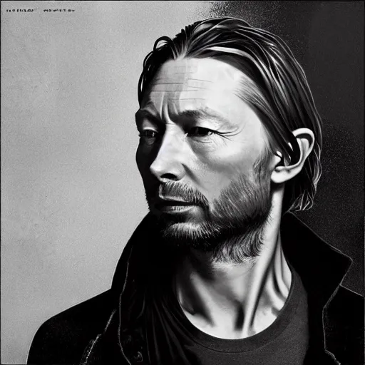 Prompt: hyper realistic portrait of smooth old thom yorke hairless, variations singer songwriter ok computer, ( side ) profile, liminal space, by lee bermejo, alphonse mucha and greg rutkowski, no beard, smooth face