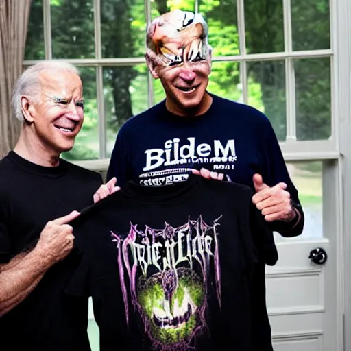 Prompt: Joe Biden wearing a \'Cradle of Filth\' T-Shirt