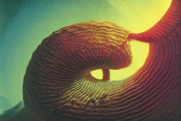 Image similar to angry, screaming nautilus sandworm, made of neon light volumetric lighting, by caspar david friedrich and wayne barlowe and ted nasmith