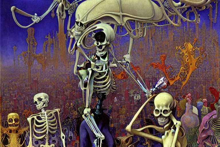 Image similar to realistic detailed portrait painting of a skeleton in a crowded futuristic street by Jean Delville, Amano, Yves Tanguy, Alphonse Mucha, Ernst Haeckel, Edward Robert Hughes, Roger Dean, rich moody colours, blue eyes