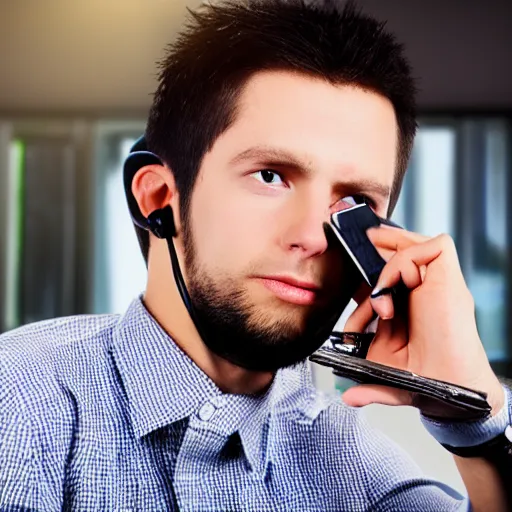 Prompt: young dark haired lean methed out male making sales pitches on the phone in real life, 8 k, 4 k uhd, realistic, hyper realistic, super detailed, very detailed, detailed
