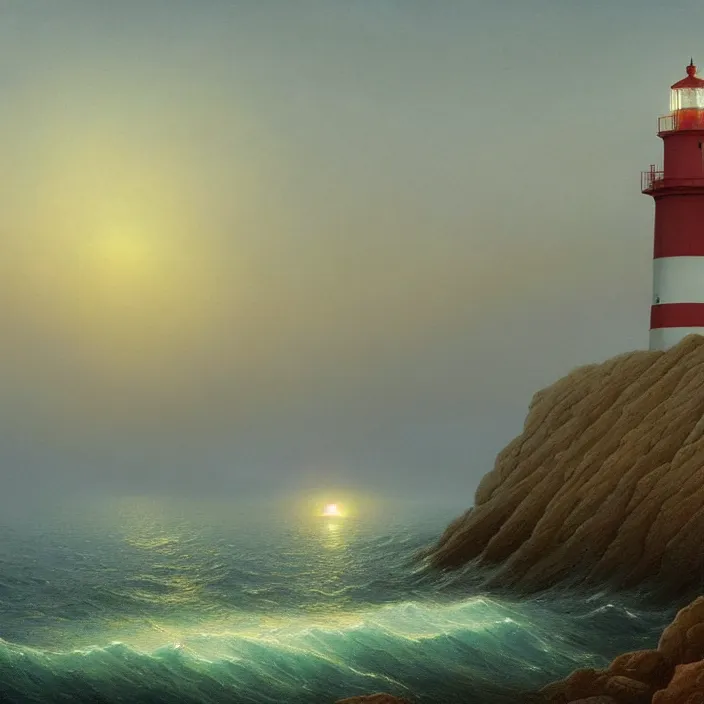 Image similar to a beautiful painting of a lighthouse on the sea, sunset by ivan aivazovsky and zdzisław beksinski and rene magritte and greg rutkowski and james gurney, in style of digital art. hyper detailed, sharp focus, soft light. octane render. maya. ray tracing. trending on artstation