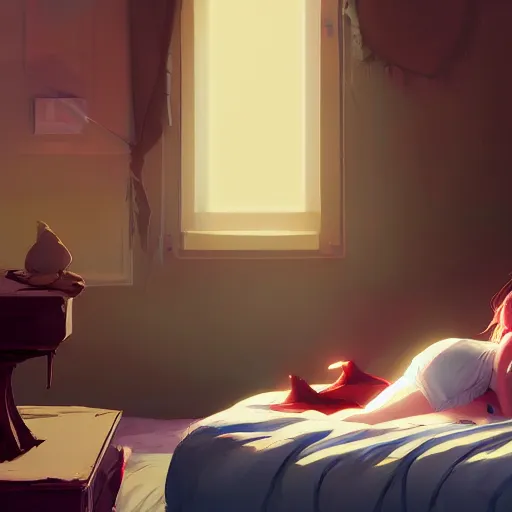 Image similar to a girl lies on the bed with a ragdoll, characterized by roman shipunov, etienne hebinger, atey ghailan, cgsociety, fantasy art, 2 d game art