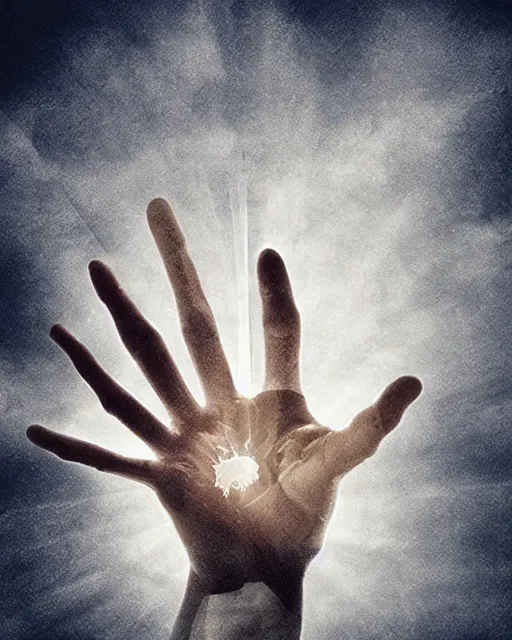 Image similar to a hand emerging from a portal in the sky, digital illustration by robbie trovino, detailed, gorgeous lighting, wide angle action dynamic portrait