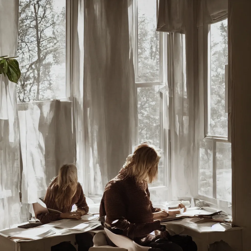 Image similar to a woman sitting a desk next to a window, reading a letter, warm, happy, sunlight