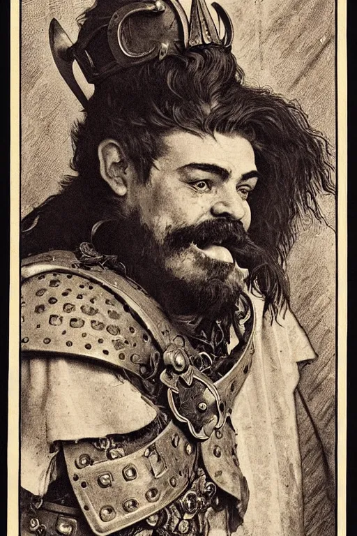 Prompt: head and shoulders portrait in a tavern of a dwarf adventurer, jovial, scarred lip, grandfatherly, leather armor, male, high fantasy, d & d, by alphonse mucha, face details, extremely detailed, vogue magazine photo