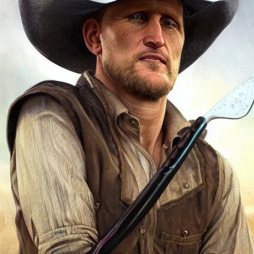 Image similar to portrait painting of smirk woody harrelson, with a cowboy hat and bloody golf club, ultra realistic, concept art, intricate details, eerie, highly detailed, photorealistic, octane render, 8 k, unreal engine. art by artgerm and greg rutkowski and alphonse mucha