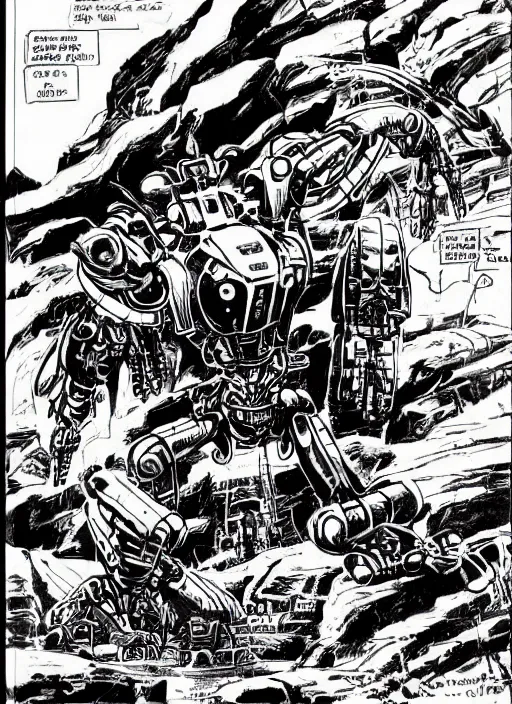 Image similar to comic book drawing of a giant mechanical robot crab at the grand canyon by jack kirby!!! and simon bisley, epic, awesome trendy color palette, black ink outlines