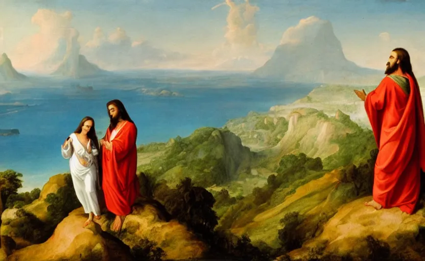 Image similar to jesus and mary magdalene standing on a cliff looking over a beautiful landscape, paradise