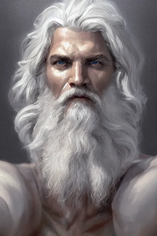 Image similar to painted portrait of zeus, god of thunder, greek god, white hair, masculine, mature, handsome, upper body, flowy robe, muscular, hairy torso, fantasy, intricate, elegant, highly detailed, digital painting, artstation, concept art, smooth, sharp focus, illustration, art by gaston bussiere and greg rutkowski