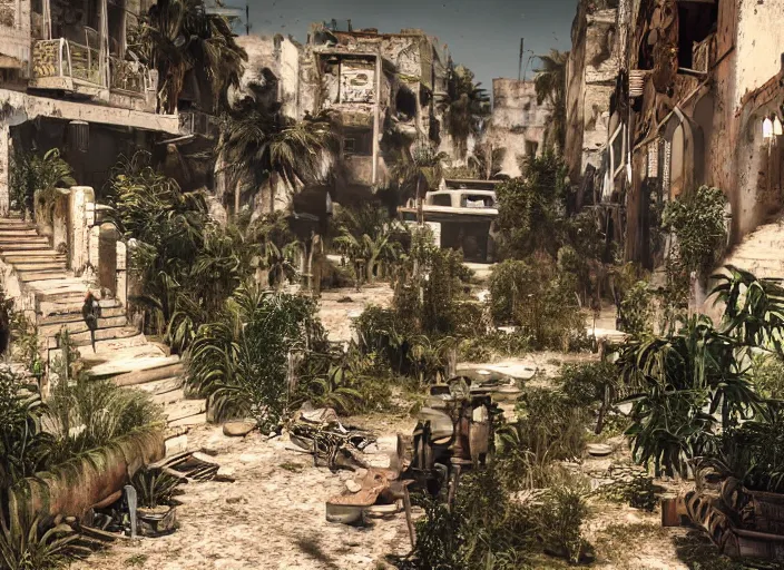 Image similar to casbah algiers post apocalyptic, vegetation, ultra realistic, insane details, cinematic, epic composition, unreal engine, octane render