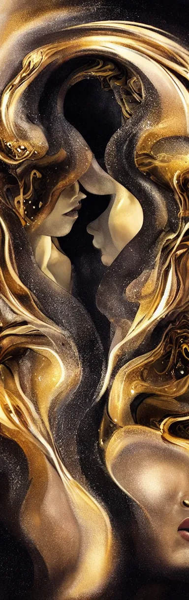 Image similar to epic illustration, abstract sculpture of beautiful two female faces and black swirling liquifying acrylic portrait, fluffy clouds, mechanical superstructure, sacred geometry, glowing edges, golden hour, beautiful light, sculpture of carving marble, dark colors, dark mood, one point light, golden spirals, clockwork, epic matte painting, concept art, bokeh, digital painting