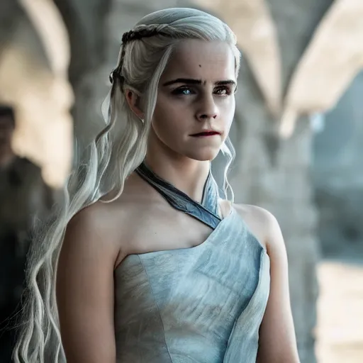 Prompt: Emma Watson as Daenerys Targaryen, XF IQ4, f/1.4, ISO 200, 1/160s, 8K, Sense of Depth, color and contrast corrected, Nvidia AI, Raytracing, Dolby Vision, in-frame