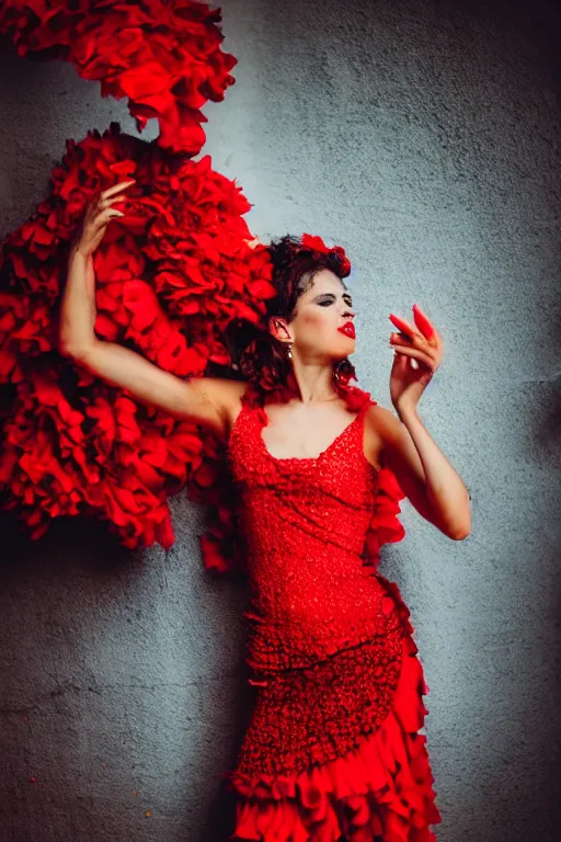 Prompt: spanish flamenco dancer in mallorca wearing a red dress made of flowers, head if red vapor disappearing into ether, evening, dimly lit, foggy, photo realistic, extreme detail skin, no filter, slr, 4 k, high definition