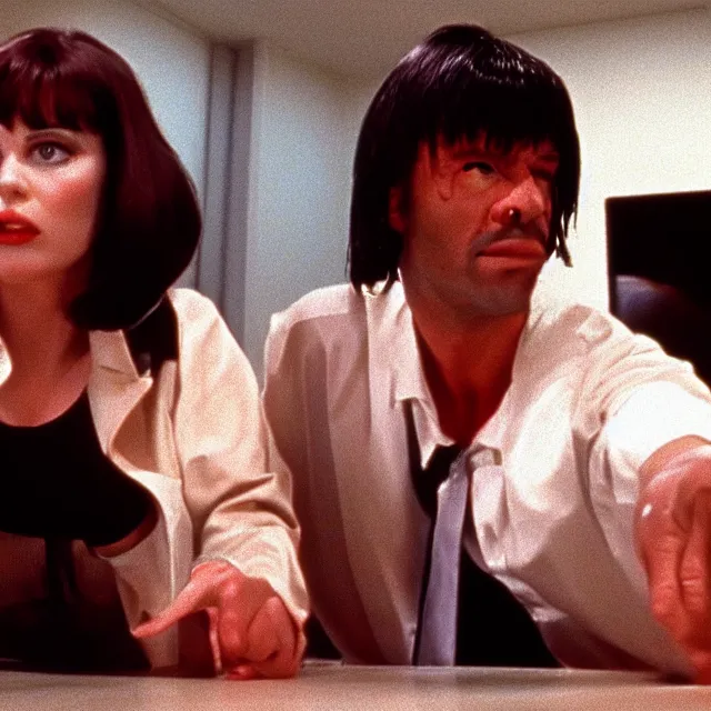 Prompt: film still from Pulp Fiction (1994) but every character is Donald Trump