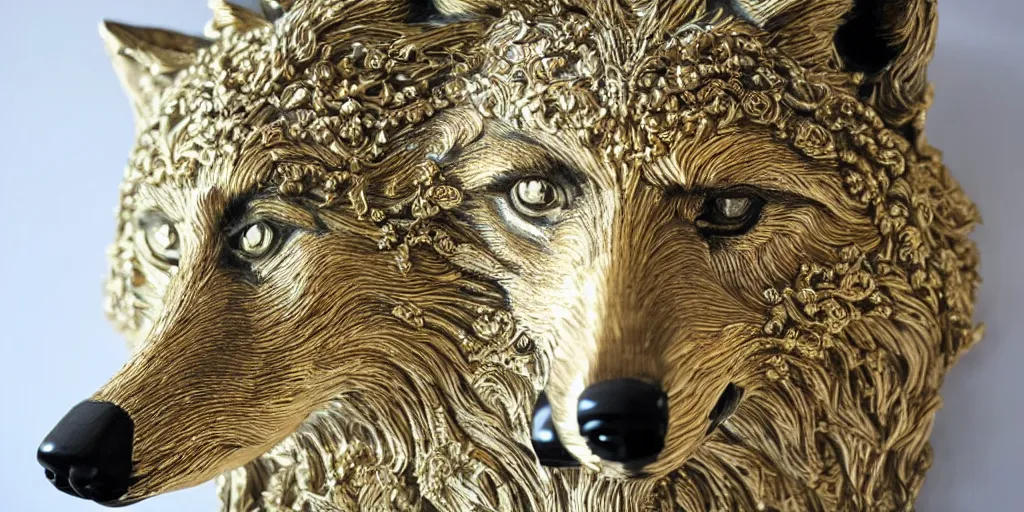 Image similar to gorgeous wolf statue portrait with gold filigree