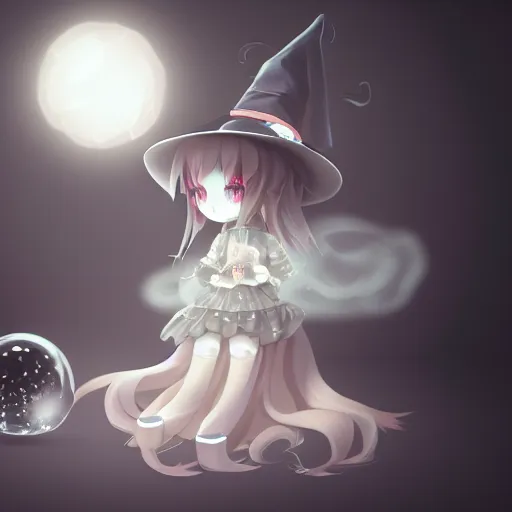 Image similar to cute fumo plush girl gazing into a crystal ball swirling with strange energy, black and white gothic horror, smoke and volumetric fog, witch girl, soothsayer, lens flare glow, chibi anime, vray