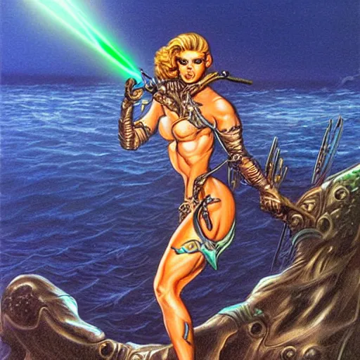 Image similar to mermaid cyborg with a laser whip, realistic, detailed, in the style of boris vallejo