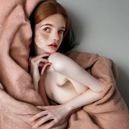 Prompt: portrait of a cute thin young woman, red blush, cute freckles wearing casual clothes, small smile, relaxing on a couch, cozy under a blanket, cozy living room, close up shot, 8 k, art by diego fazio and irakli nadar and ron mueck, hyperrealism, hyperdetailed, ultra realistic