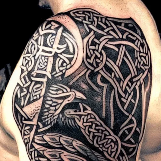 Image similar to viking wielding to hand axes with raven on his shoulder celtic tattoo