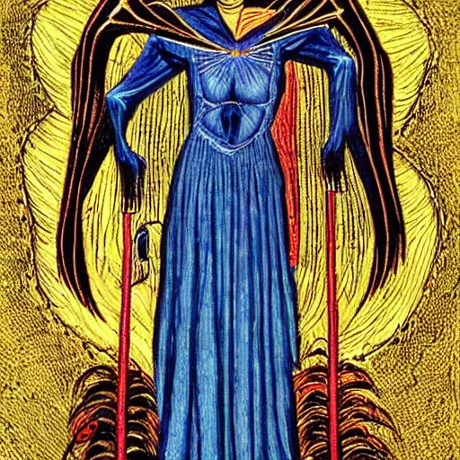 Image similar to melancholic medieval by paul laffoley, by jerry siegel. a computer art of a woman with wings made of stars, surrounded by a blue & white night sky. the woman is holding a staff in one hand, & a star in the other. she is wearing a billowing dress, & her hair is blowing in the wind.