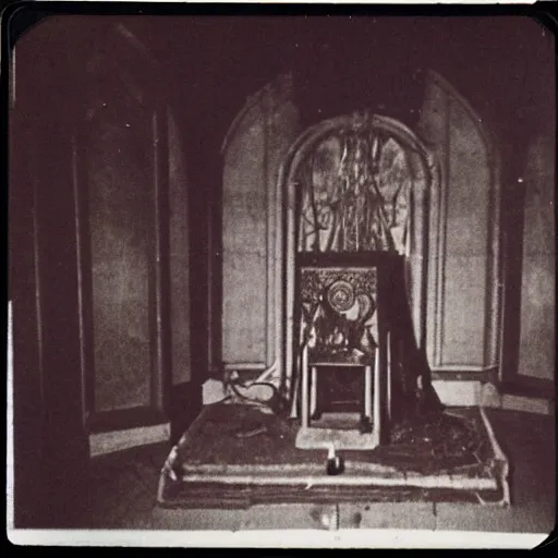 Prompt: occult sacrifice, dark figures gathered around alter in abandoned building, 1970s era Polaroid photo