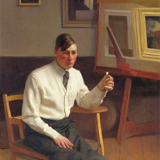 Image similar to Harold knight painting of a man posing in a studio,