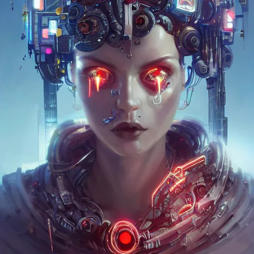 Prompt: group!! of men and women with extremely large and intricate eye cyberpunk bionics with angry red eyes and slim features, cyberpunk, bionics, augments, lights, cables, elegant gleaming intricate baroque jewellery, colorful, vivid, imposing, epic, digital painting, artstation, concept art, by peter mohrbacher and wlop and rhads,