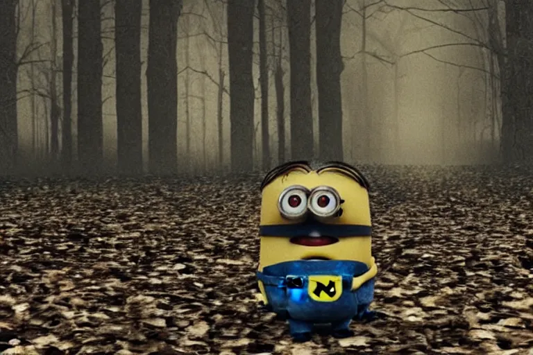 Prompt: a vhs still of a minion in blair - witch project ( 1 9 9 9 ), real life, chromatic abberation, desaturated, camcorder, detailed, move still, ultra realistic face, accurate, 8 k, hd