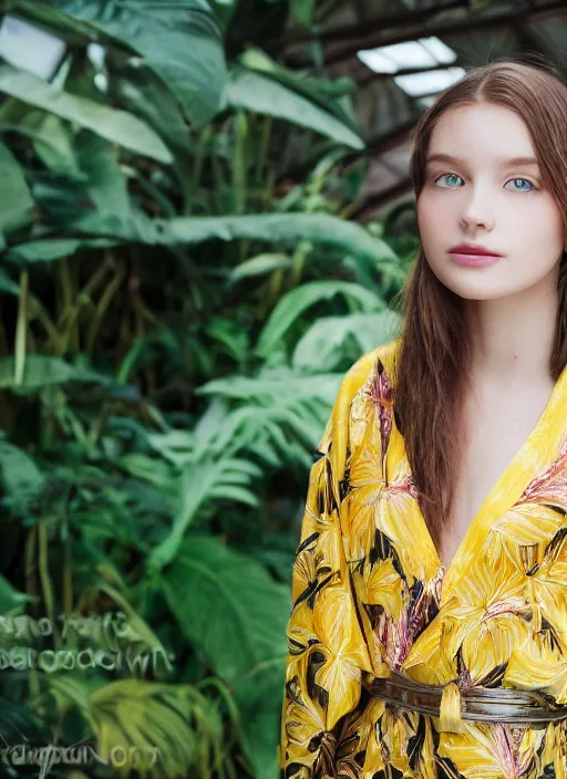 Image similar to portrait photograph of beautiful!!!! young female model, symmetric face!, symmetric eyes, slight smile, natural light, wearing a yellow kimono with a very detailed barn owl! on her shoulder in a tropical greenhouse. looking at the camera!!. super resolution. Extremely detailed. Graflex camera!, bokeh!!!!!.