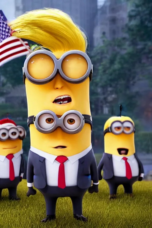 Image similar to trump as a minion, blond hair, riot background, photorealistic, intricate, portrait, 8 k highly professionally detailed, hdr, cgsociety