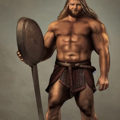 Prompt: a muscular Viking deity with a menacing posture