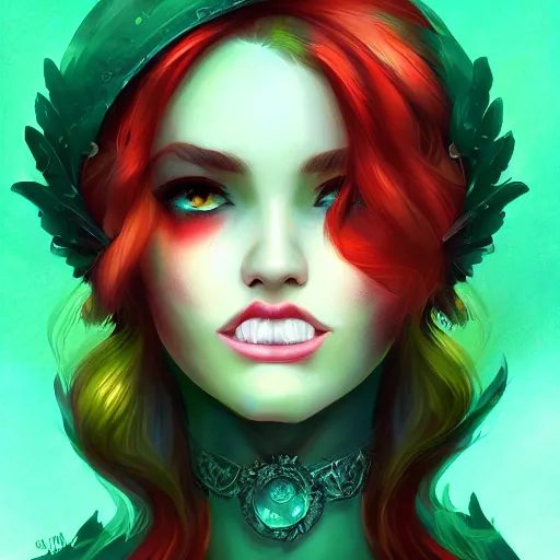 Prompt: a beautiful stunning fantasy whimsical matte digital portrait illustration of a pretty womam with bright green eyes and fiery red hair and a green bird, in the style of Ross Tran, trending on artstation, contest winner