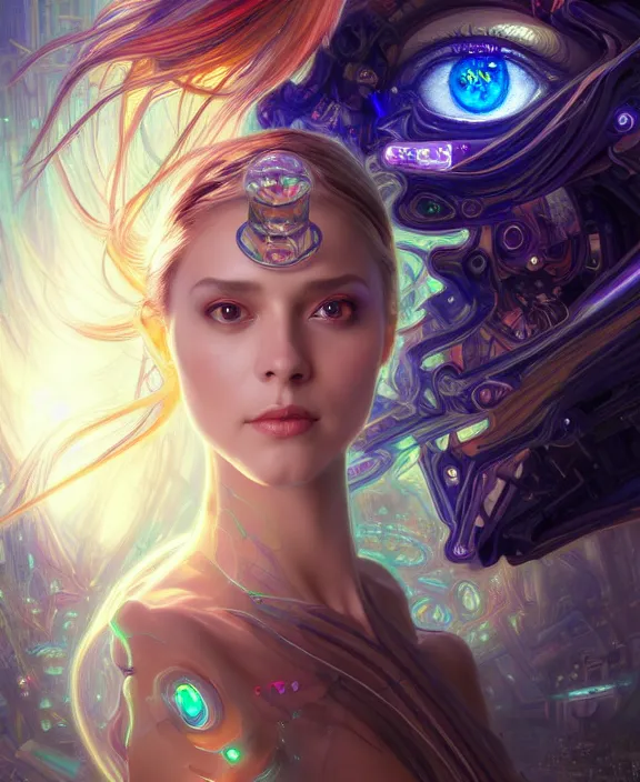 Image similar to a whirlwind of souls rushing inside the metaverse, half body, glowin eye, tiara with sapphire, pharaoh, android, cyborg, cyberpunk face, d & d, fantasy, intricate, elegant, highly detailed, colorful, vivid color, digital painting, artstation, concept art, art by artgerm and greg rutkowski and alphonse mucha and ruan jia