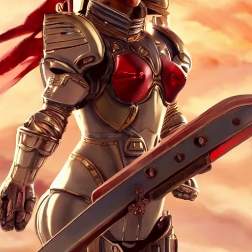 Image similar to picture of fully armored valkyrie, crimson plated, sword and shield, golden wings, divine vibes, light brown hair, white skin, shiny golden eyes, pretty, sky background, sharp focus, highly detailed, cinematic lighting, studio quality, smooth render, unreal engine 5 rendered, octane, rendered, by artgerm, greg rutkowski, alphonse mucha