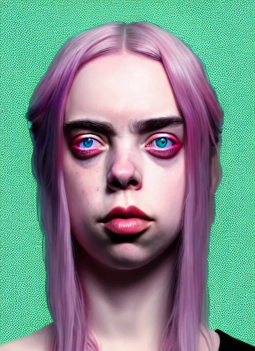 Image similar to Billie Eilish as Female Loki, beautiful facial symmetry, rose pink skin color, hyper realistic, hyper detail, very detailed, digital art, trending on artstation, smooth render, 8k octane render, digital illustration, by Katsuhiro Otomo and Shigeru Miyamoto