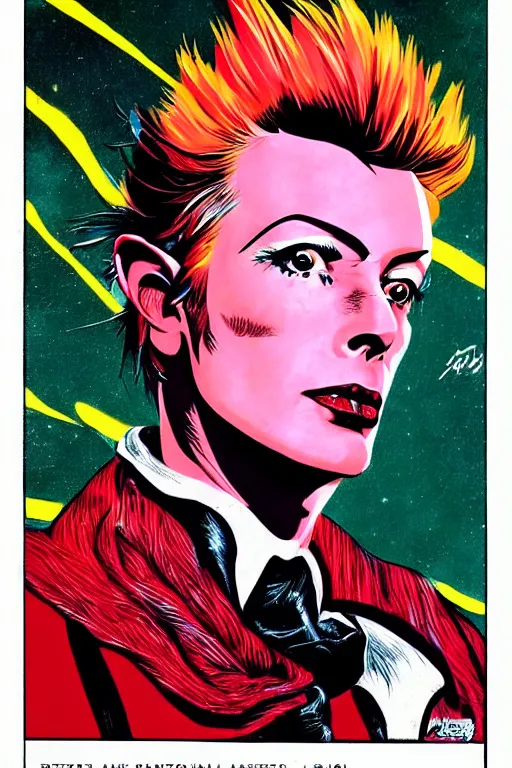 Image similar to scifi portrait of a rooster as David Bowie. McGinnis, pulp comic style, circa 1958, photorealism