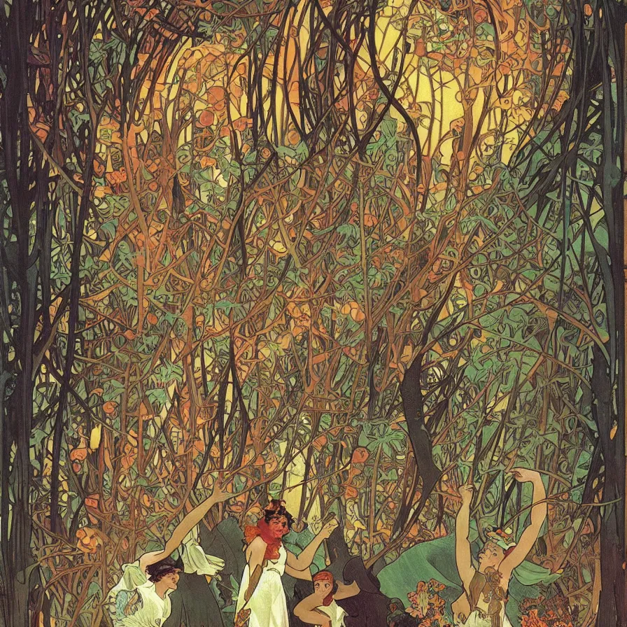 Prompt: a night carnival around a magical tree cavity, with a surreal orange moonlight and fireworks in the background, next to a big lake with iridiscent water, christmas lights, folklore animals and people disguised as fantastic creatures in a magical forest by summer night, masterpiece painted by alphonse mucha and mark brooks, art nouveau, dark night environment