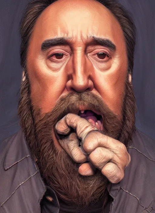 Image similar to portrait of walrus nicolas cage, highly detailed, centered, solid color background, digital painting, artstation, concept art, smooth, sharp focus, illustration, artgerm, donato giancola, joseph christian leyendecker, les edwards, ed repka, wlop