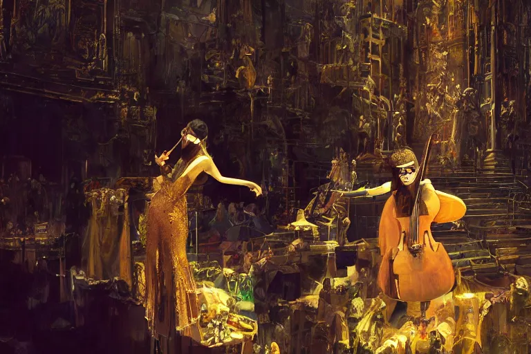 Image similar to craig mullins and ghibli digital art of on the stage of the theater, a masked female violinist performs alone, dressed in exotic costumes, gold jewelry, and black hair realistic shading, cinematic composition, realistic render, octane render, detailed textures, photorealistic, wide shot