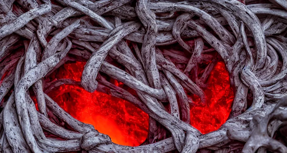 Image similar to a volcano made of ivory vines and crimson rocks enters in eruption, it spits a smoke in the shape of demonic eye, by 500px