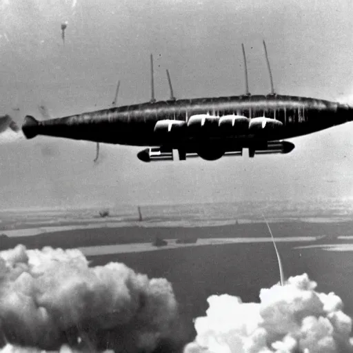 Prompt: ww 2 zeppelin in the sky, huge, firing rockets, bullets, bullet tracers, explosions, war photography