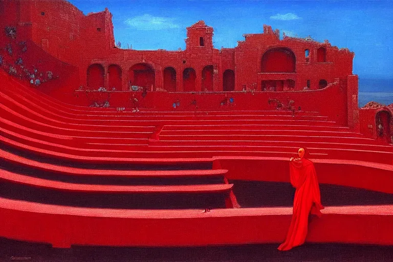 Image similar to only with red, a red great emperor, taormina amphitheatre, expressive crowd with big smile, in the style of beksinski, parts by edward hopper, parts by rodcenko, parts by yue minjun, intricate and epic composition, red by caravaggio, insanely quality, highly detailed, masterpiece, red light, artstation, 4 k