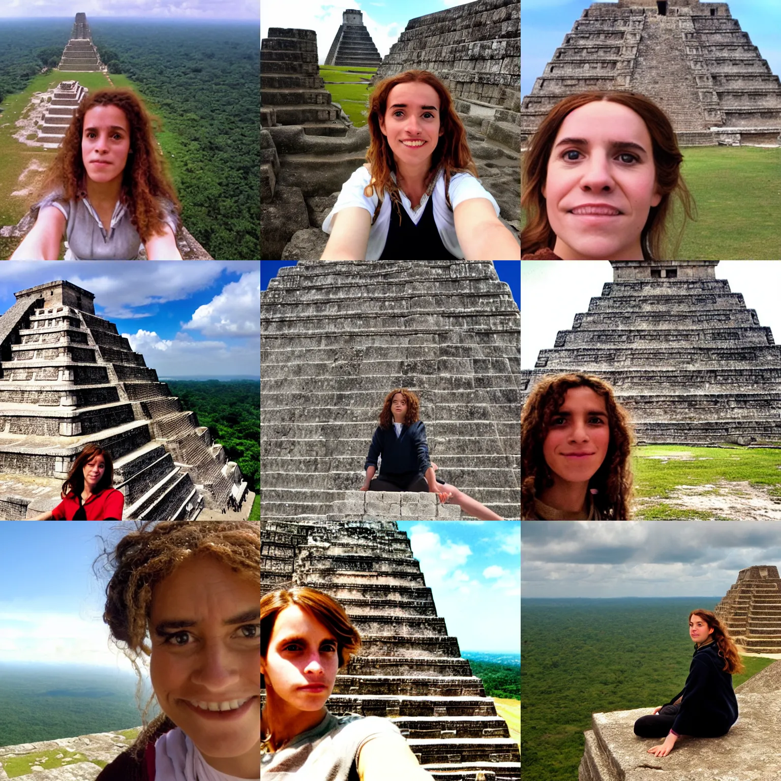Prompt: selfie of Hermione Granger sitting down, on top of a Mayan Pyramid in South America, looking out toward the horizon