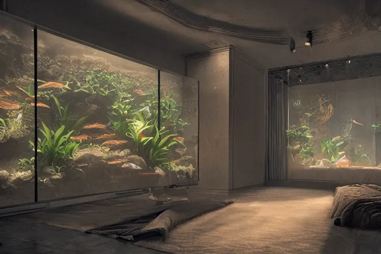 Prompt: the most amazing dream you ever had about spacious interior with aquariums as walls, hyper realistic, ambient lighting, concept art, intricate, hyper detailed, smooth, dynamic volumetric lighting, octane, cinematic