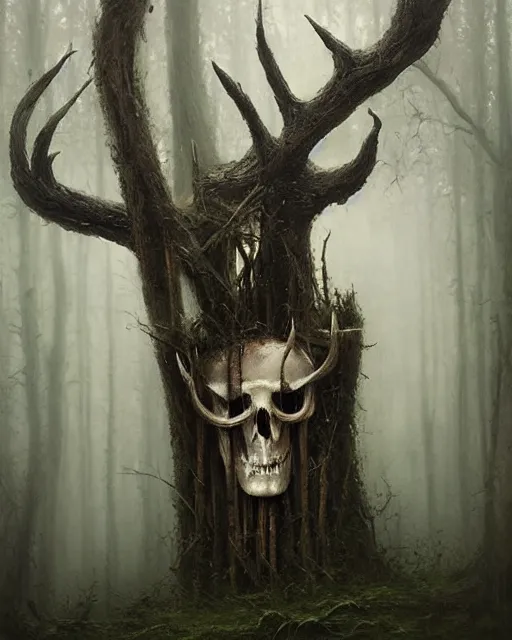 Image similar to oil painting of forest spirit made out of wooden sticks with a deer skull for a face, dark forest, fog, dark fantasy, gloomy, pale colors, by greg rutkowski